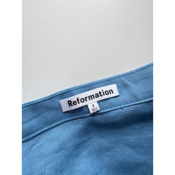 REFORMATION Valli Parisian Blue Linen Cut Out Mini Halter Dress, Size 8 - Picture 11 of 13